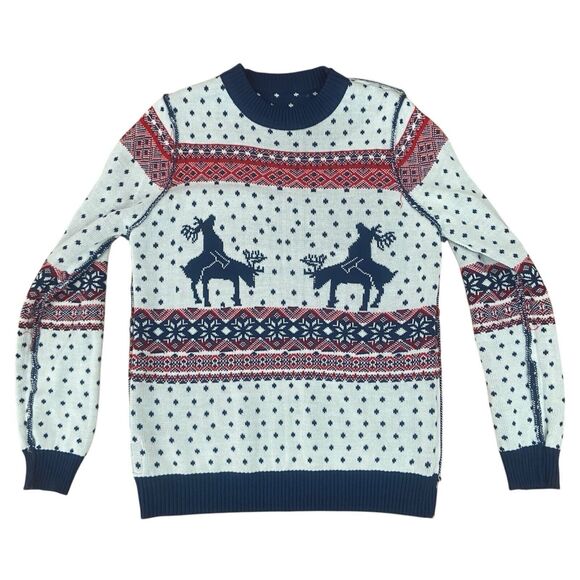 Tipsy Elves Humping Reindeer Ugly Christmas Sweater Men's L Blue Crewneck Funny - Picture 6 of 9